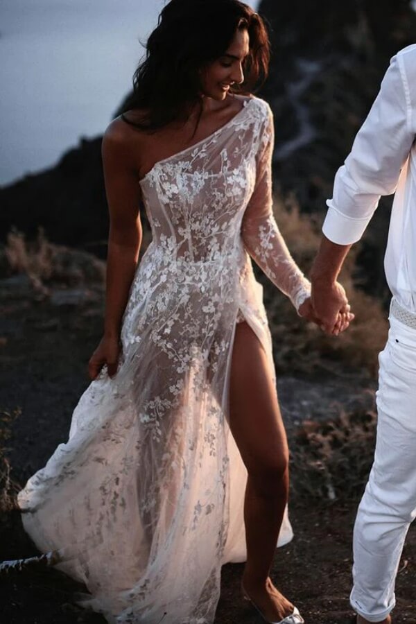 Graceful Tulle A Line One Shoulder See-through Lace Wedding Dresses, PW509 | backless wedding dress | beach wedding dress | wedding dress near me | promnova.com