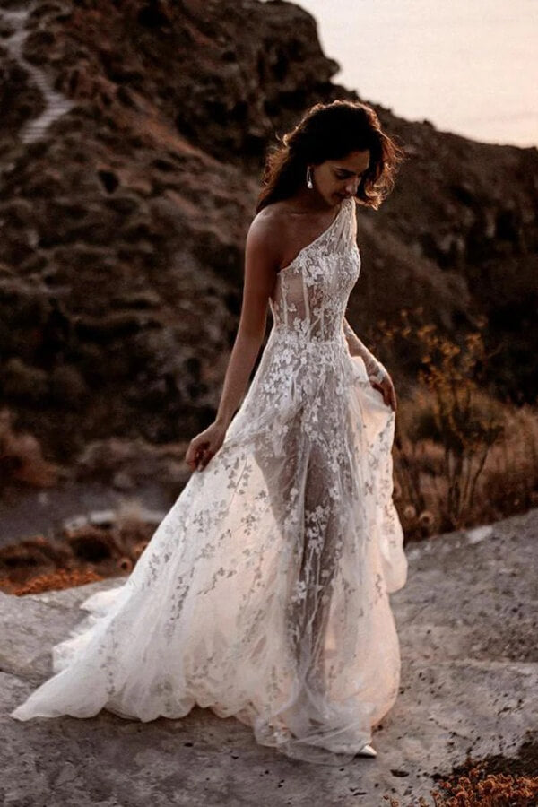 Graceful Tulle A Line One Shoulder See-through Lace Wedding Dresses, PW509 | cheap wedding dress | lace wedding dress | wedding dress stores | promnova.com