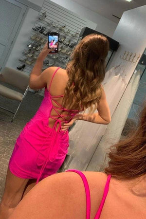 Hot Pink Sheath Spaghetti Straps V Neck Short Homecoming Dresses, PH439 image 2