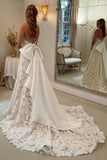 Ivory Lace A Line Strapless Boho Wedding Dresses With Satin Bowtie, PW395 image 2