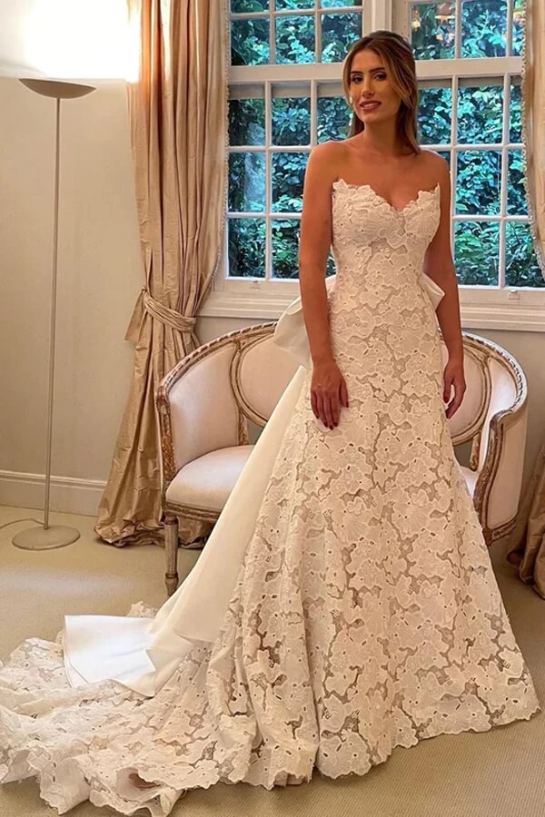 Ivory Lace A Line Strapless Boho Wedding Dresses With Satin Bowtie, PW395 image 1