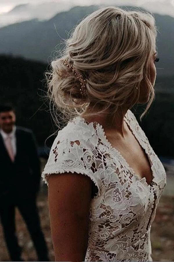 Ivory Lace Mermaid V Neck Cap Sleeves Wedding Dresses, Birdal Gown, PW373 | lace wedding gown | vintage wedding dress | outdoor wedding dresses | promnova.com