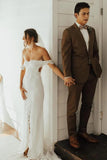 Ivory Lace Sheath Off-the-Shoulder Side Slit Wedding Dress With Slit, PW449 image 2