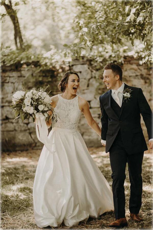 Ivory Satin Lace Top A Line Boho Wedding Dresses With Sweep Train, PW466 | outdoor wedding dress | lace wedding gown | wedding dress shops | promnova.com