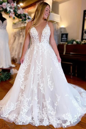 Ivory Tulle A Line V Neck Spaghetti Straps Wedding Dresses With Appliques, PW474 | cheap wedding dresses online | lace wedding gown | wedding dress near me | promnova.com
