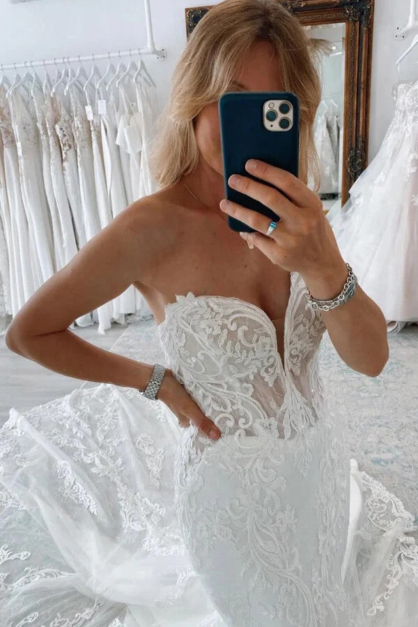 Ivory Tulle Mermaid Sweetheart Wedding Dresses With Lace Appliques, PW461 | bridal gown | sexy wedding dress | wedding dresses online | promnova.com
