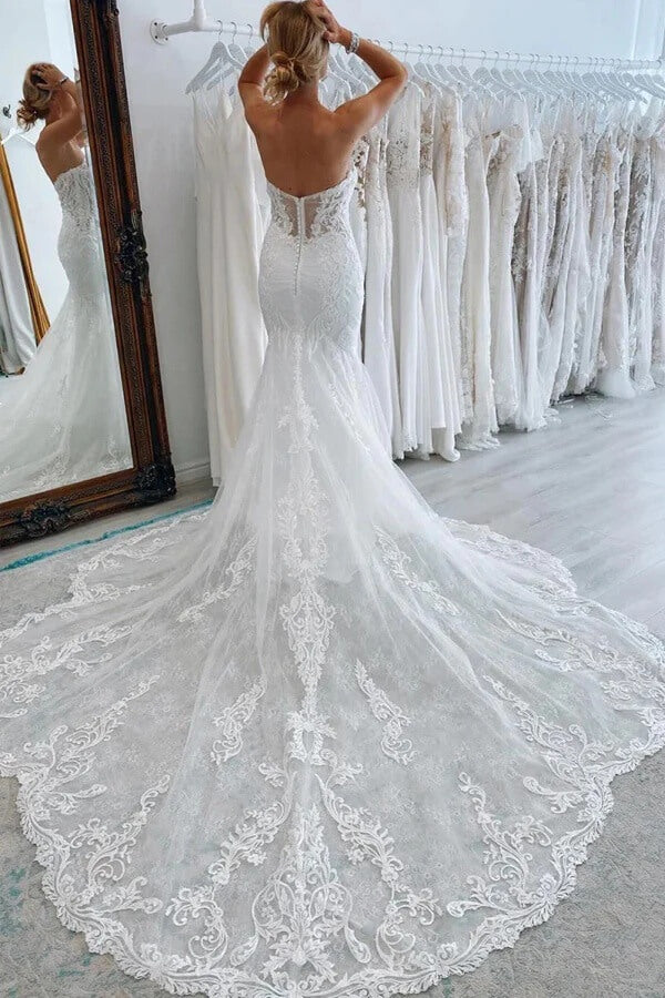 Ivory Tulle Mermaid Sweetheart Wedding Dresses With Lace Appliques, PW461 | mermaid wedding dress | vintage wedding dress | strapless wedding dress | promnova.com