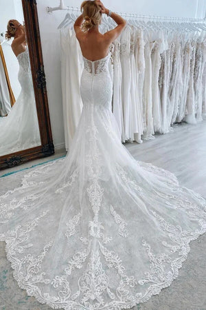 Ivory Tulle Mermaid Sweetheart Wedding Dresses With Lace Appliques, PW461 | mermaid wedding dress | vintage wedding dress | strapless wedding dress | promnova.com