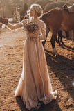 Light Brown Tulle A Line V Neck Long Sleeve Boho Wedding Dresses, PW477 | tulle wedding dress | summer wedding dress | wedding dress stores | promnova.com
