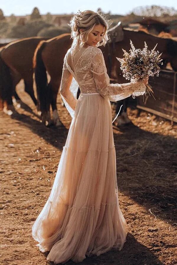 Light Brown Tulle A Line V Neck Long Sleeve Boho Wedding Dresses, PW477 | outdoor wedding dress | wedding dresses stores | vintage wedding dress | promnova.com