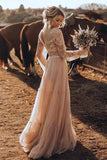 Light Brown Tulle A Line V Neck Long Sleeve Boho Wedding Dresses, PW477 | outdoor wedding dress | wedding dresses stores | vintage wedding dress | promnova.com