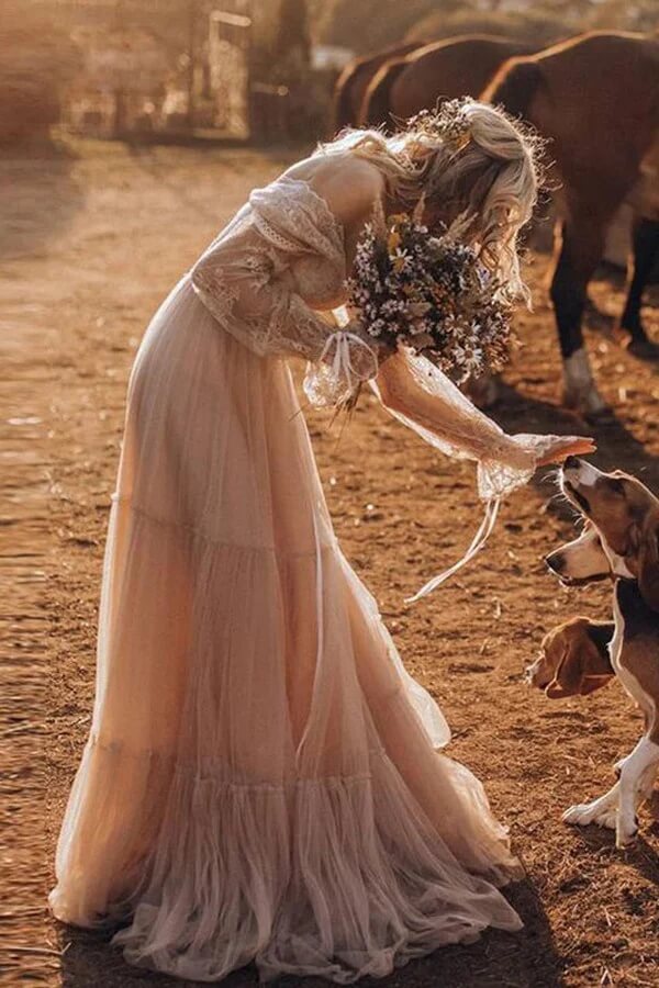 Light Brown Tulle A Line V Neck Long Sleeve Boho Wedding Dresses, PW477 | long sleeve wedding dress | new arrival wedding dress | wedding dress online | promnova.com