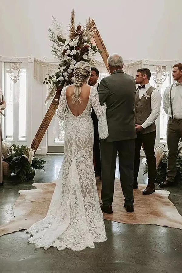 Mermaid Lace Backless Long Sleeves Bohemian Wedding Dresses With Train, PW364 | cheap wedding dresses online | vintage wedding dress | wedding dress near me | promnova.com