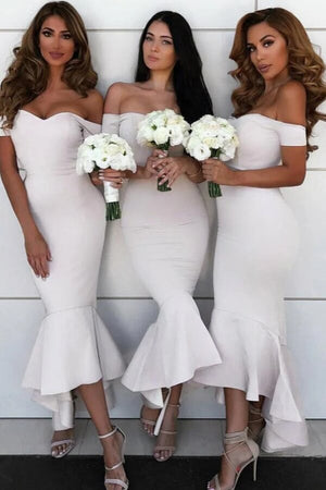 Mermaid Satin Off-the-shoulder High Low Simple Bridesmaid Dresses, PB181 image 1