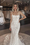 Tulle Mermaid Square Neck Lace Appliques Wedding Dresses With Train, PW495 image 3