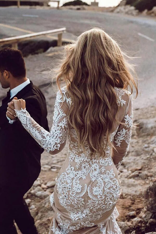 Mermaid Tulle Lace Long Sleeves Boho Wedding Dresses, Bridal Gowns, PW358 | vintage wedding dresses | bohemian wedding dresses | cheap lace wedding dress | promnova.com
