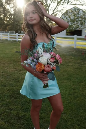 Mint Satin Strapless Keyhole Backless Short Homecoming Dresses, PH453 image 2