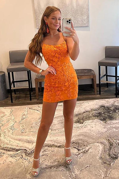 Orange Sheath Scoop Neck Lace Homecoming Dresses, PH421 | Promnova