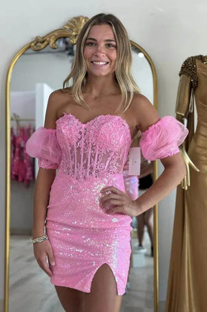 Pink Sequins Strapless Lace Appliqued Homecoming Dress Wiith Sleeves, PH445 image 1
