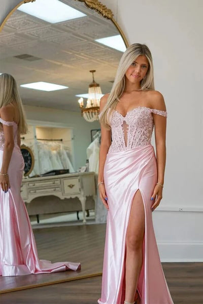 Pink Mermaid Scoop Appliques Satin Prom Dresses LBQ3775