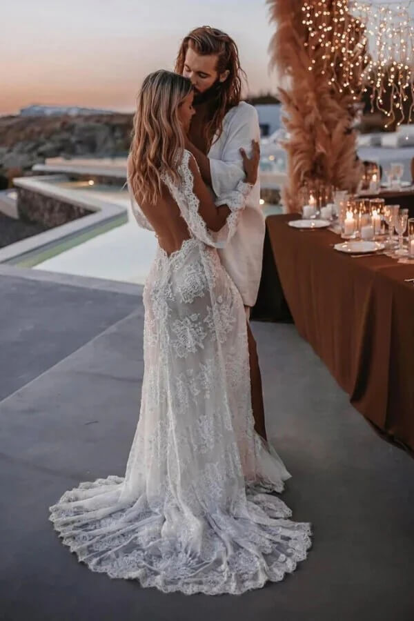 Tulle Sheath Long Sleeve V Neck Lace Appliques Boho Wedding Dresses, PW456 image 3