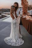 Tulle Sheath Long Sleeve V Neck Lace Appliques Boho Wedding Dresses, PW456 image 3
