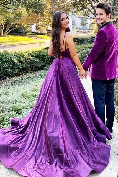 Purple Satin A Line V Neck Backless Long Prom Dress, PL595