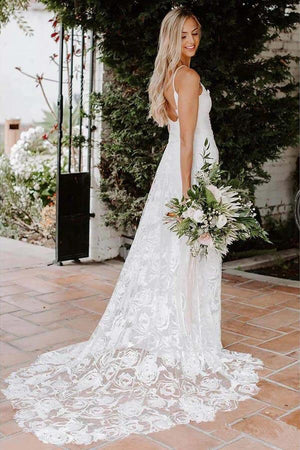 Rose Lace A Line Sweetheart Spaghetti Straps Beach Wedding Dresses, PW363 | lace wedding dresses | cheap wedding dress | wedding dress stores | promnova.com