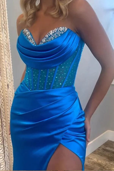 Sexy Strapless Mermaid Beaded Evening Gown Blue Sweetheart Satin Prom Dress Y7928
