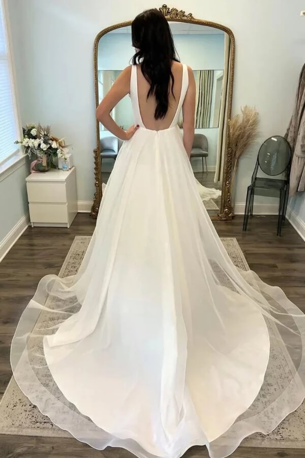 Satin A Line Square Neck Backless Beach Wedding Dresses With Train, PW511 | white wedding dress | vintage wedding dress | wedding dresses nearby | promnova.com