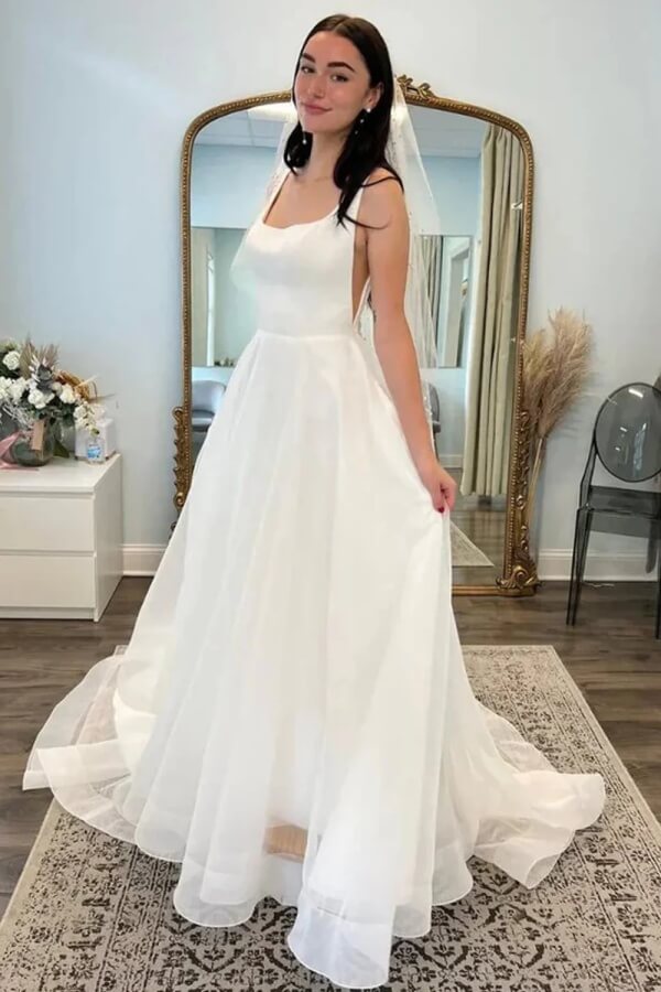 Satin A Line Square Neck Backless Beach Wedding Dresses With Train, PW511 | backless wedding dress | bridal gown | cheap wedding dresses online | promnova.com