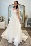 Satin A Line Square Neck Backless Beach Wedding Dresses With Train, PW511 | backless wedding dress | bridal gown | cheap wedding dresses online | promnova.com