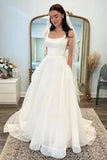 Satin A Line Square Neck Backless Beach Wedding Dresses With Train, PW511 | simple wedding dress | a line wedding dress | wedding dress stores | promnova.com