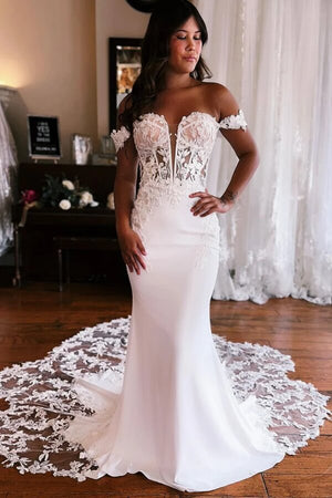 Satin Mermaid Off-the-Shoulder Wedding Dresses With Lace Appliques, PW445 image 1