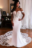 Satin Mermaid Off-the-Shoulder Wedding Dresses With Lace Appliques, PW445