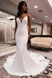 Satin Mermaid Spaghetti Strap V Neck Lace Appliques Wedding Dresses, PW464