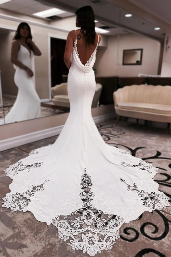 Satin Mermaid Spaghetti Strap V Neck Lace Appliques Wedding Dresses, PW464 | mermaid wedding dress | summer wedding dress | wedding dresses near me | promnova.com