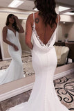 Satin Mermaid Spaghetti Strap V Neck Lace Appliques Wedding Dresses, PW464 | backless wedding dress | simple wedding dress | bridal gown | promnova.com