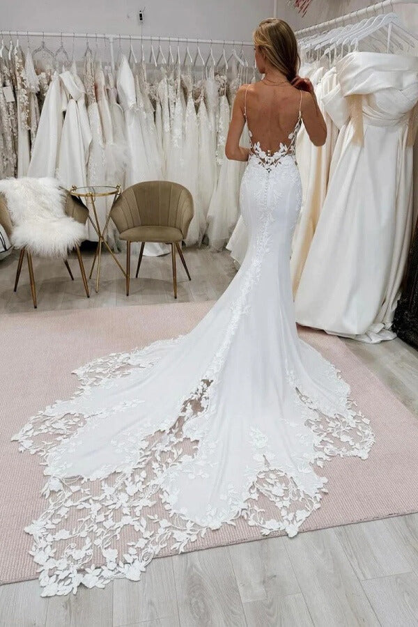 Satin Mermaid V Neck Chapel Train Wedding Dresses With Lace Appliques, PW475 | backless wedding dress | lace wedding gown | bohemian wedding dress | promnova.com