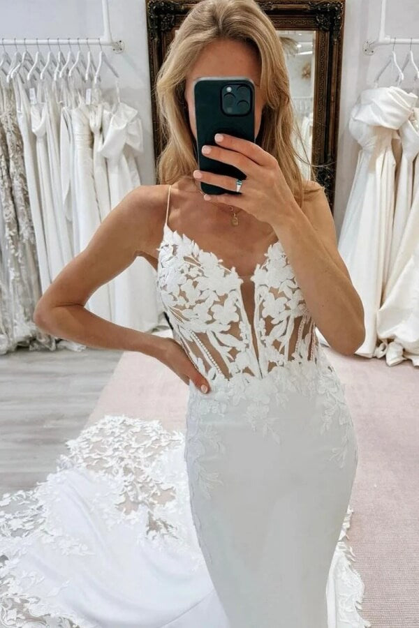Satin Mermaid V Neck Chapel Train Wedding Dresses With Lace Appliques, PW475 | v neck wedding dress | summer wedding dress | wedding dress online | promnova.com