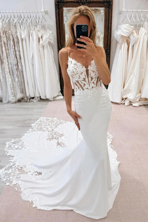 Satin Mermaid V Neck Chapel Train Wedding Dresses With Lace Appliques, PW475 | cheap lace wedding dress | wedding dresses near me | simple wedding dress | promnova.com