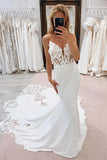 Satin Mermaid V Neck Chapel Train Wedding Dresses With Lace Appliques, PW475