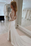 Satin Mermaid V Neck Long Sleeves Wedding Dresses With Lace Appliques, PW501 | backless wedding dress | satin wedding dress | wedding dress cheap | promnova.com