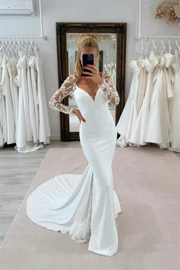 Satin Mermaid V Neck Long Sleeves Wedding Dresses With Lace Appliques, PW501 | long sleeve wedding dress | wedding dress online | summer wedding dress | promnova.com
