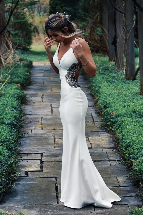 Satin Mermaid V Neck Spaghetti Straps Wedding Dress With Lace Appliques, PW479 image 1