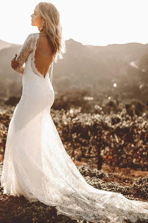 Satin Sheath V Neck Long Sleeve Vintage Wedding Dresses, Bridal Gown, PW513 | open back wedding dress | new arrival wedding dress | wedding dress stores | promnova.com