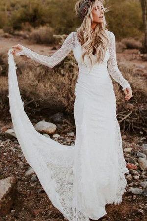 Satin Sheath V Neck Long Sleeve Vintage Wedding Dresses, Bridal Gown, PW513 | wedding dress with sleeves | cheap lace wedding dress | bridal gown | promnova.com