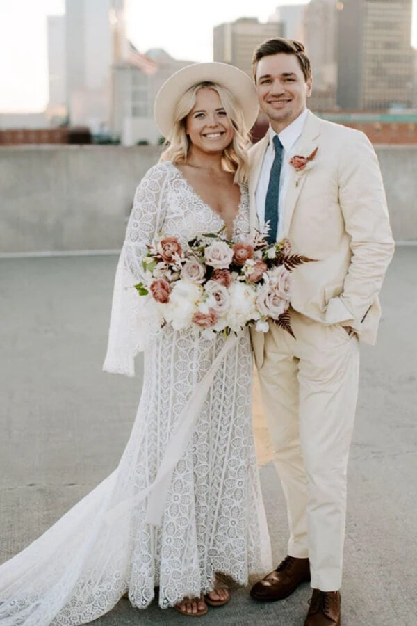 Sheath Lace Long Sleeves V Neck Wedding Dresses With Sweep Train, PW438 image 2