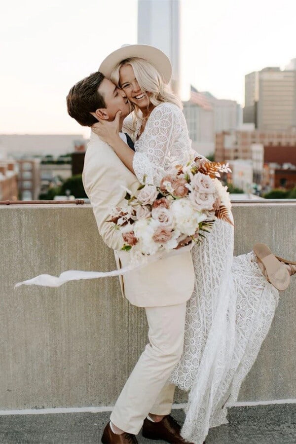 Sheath Lace Long Sleeves V Neck Wedding Dresses With Sweep Train, PW438 image 4