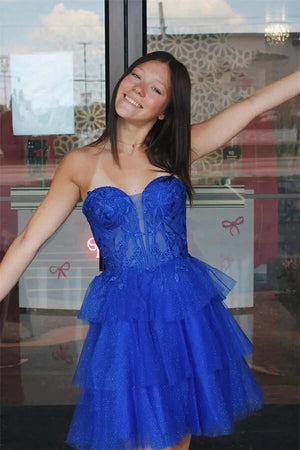 Shiny Tulle Royal Blue A Line Strapless Corset Short Homecoming Dress, PH455 | blue homecoming dress | blue homecoming dress | homecoming dress for teens | promnova.com